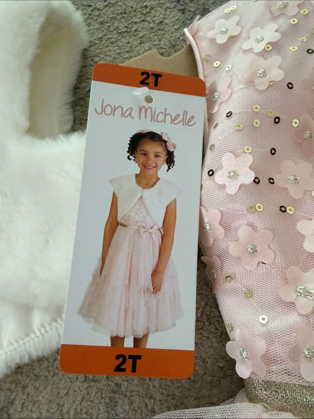 Jona Michelle Pink Floral Sequin Tulle Dress with Fur Bolero